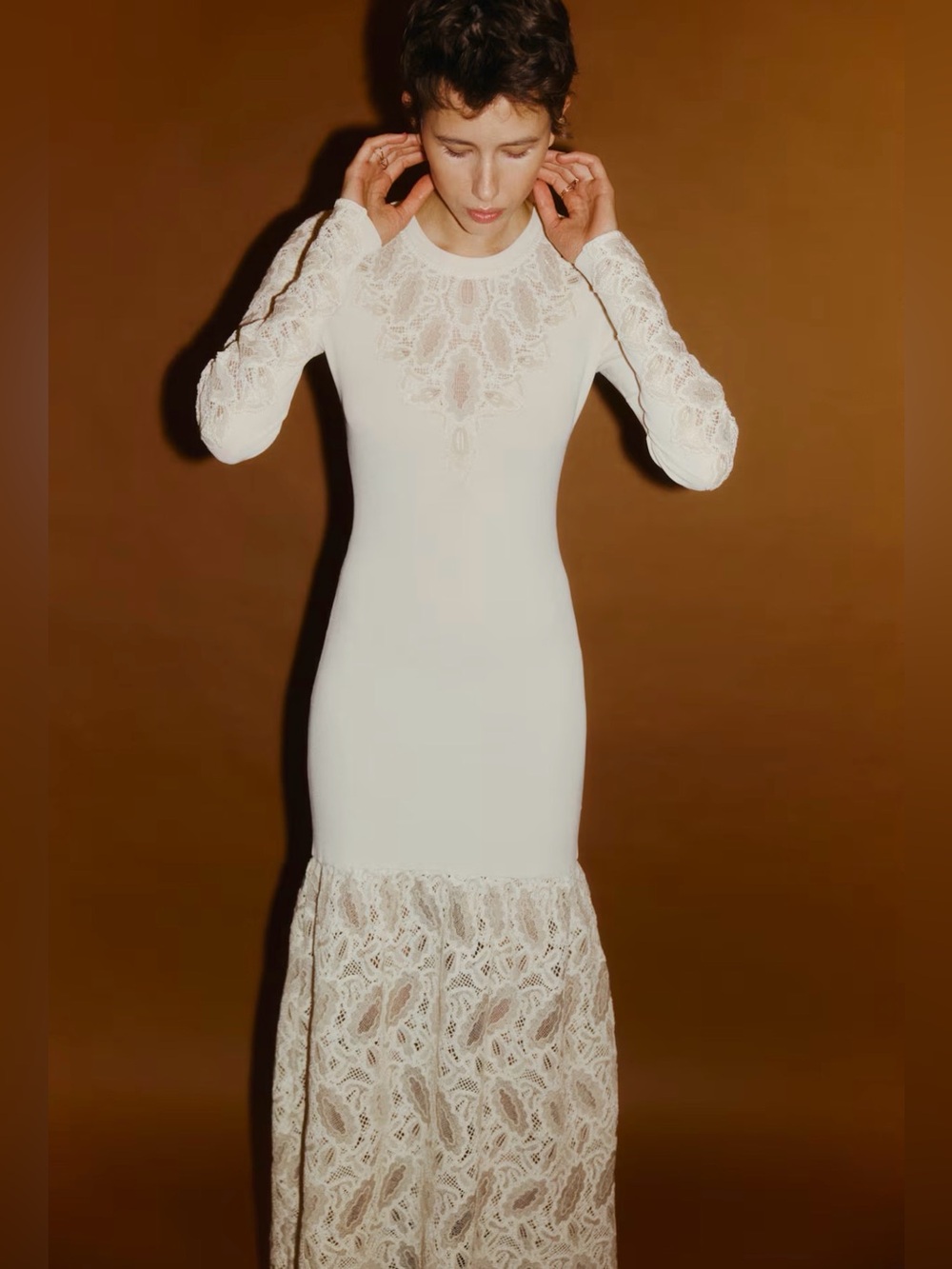 H&M Cream Lace-Inset Long Maxi Dress
